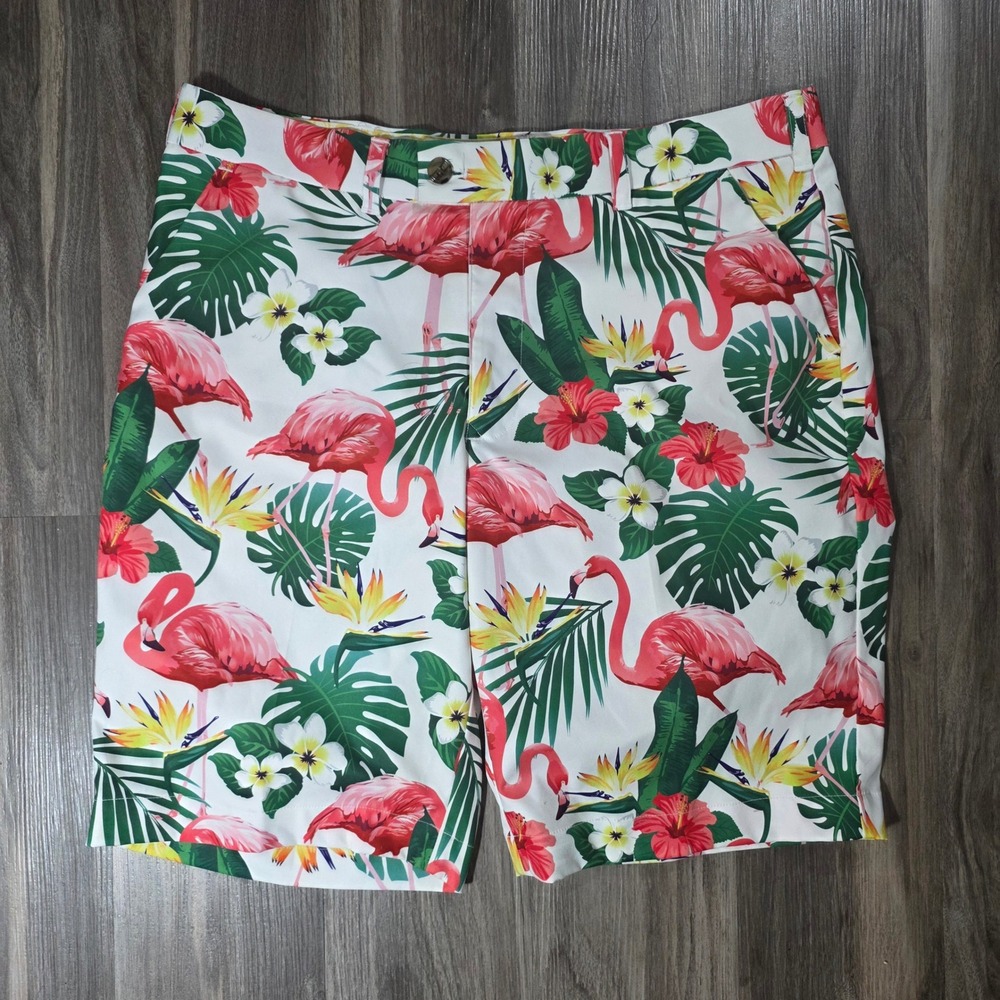 Loudmouth Golf Shorts Mens 34 White Pink Flamingo Tropical Floral Palm Leaf LM
